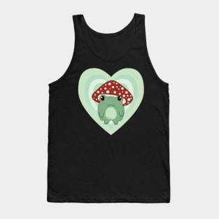 Mushroom Hat Kawaii Frog on Light Green Hearts Tank Top